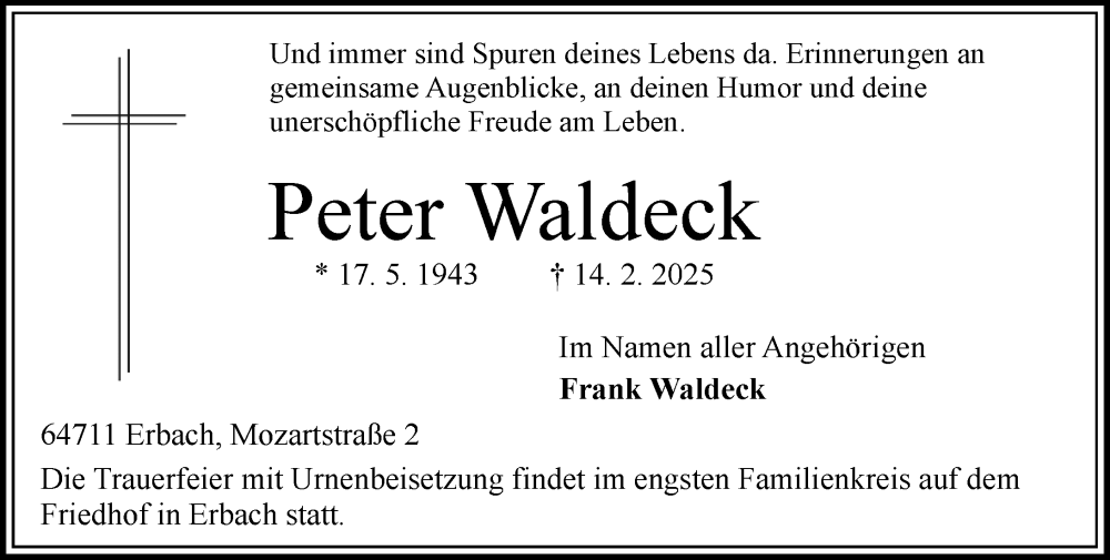  Traueranzeige für Peter Waldeck vom 22.02.2025 aus Odenwälder Echo