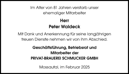 Traueranzeige von Peter Waldeck von Odenwälder Echo