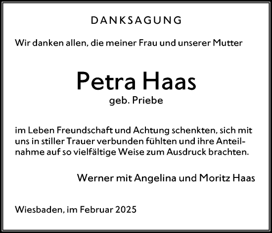 Traueranzeige von Petra Haas von Wiesbadener Kurier