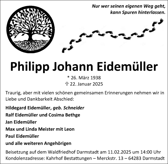 Traueranzeige von Philipp Johann Eidemüller von Darmstädter Echo