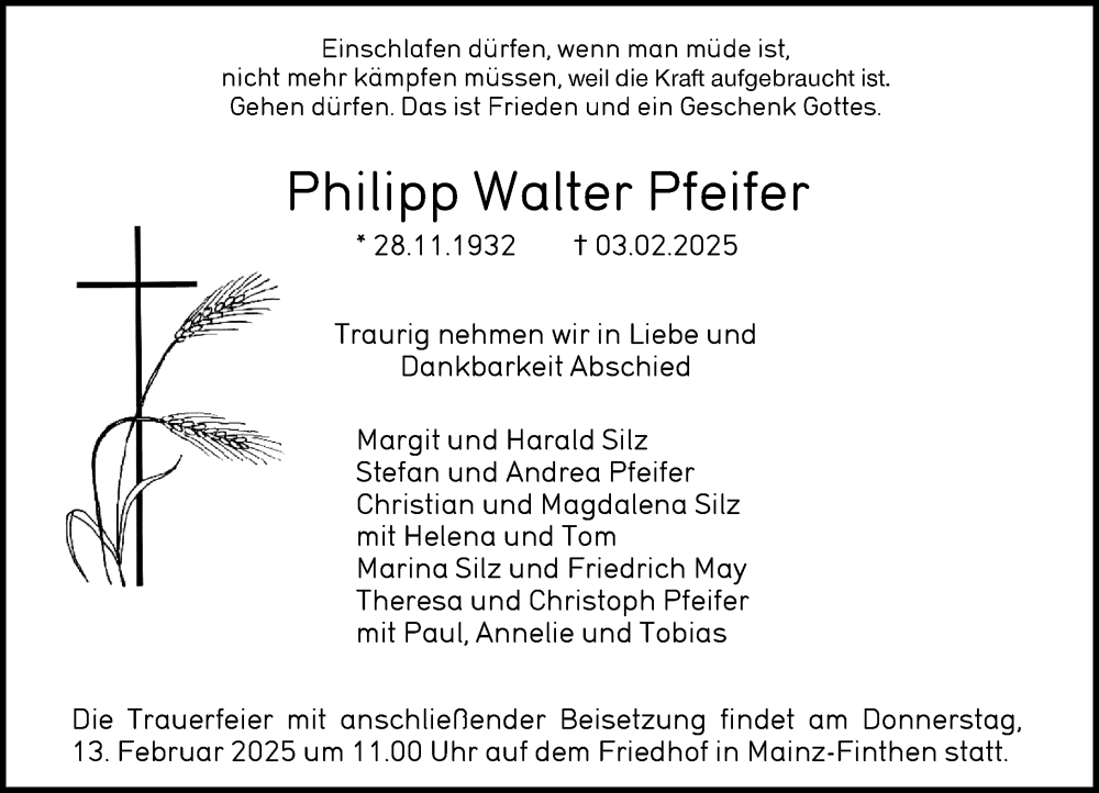  Traueranzeige für Philipp Walter Pfeifer vom 08.02.2025 aus Allgemeine Zeitung Mainz