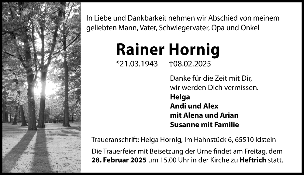  Traueranzeige für Rainer Hornig vom 22.02.2025 aus Idsteiner Land/Untertaunus