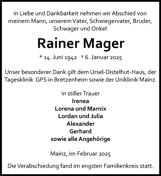 Traueranzeige von Rainer Mager von Allgemeine Zeitung Mainz