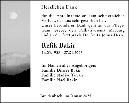 Traueranzeige von Refik Bakir von Hinterländer Anzeiger