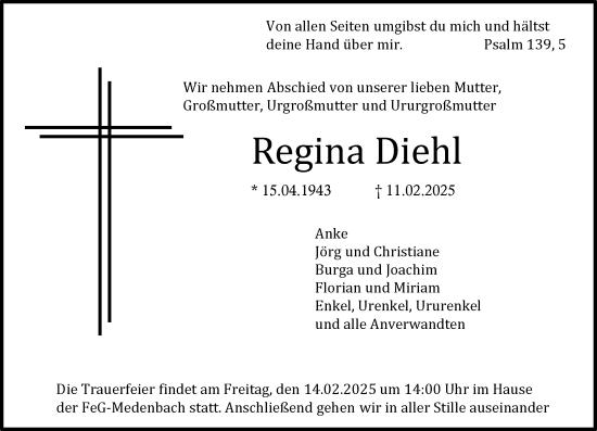 Traueranzeige von Regina Diehl von Dill Block