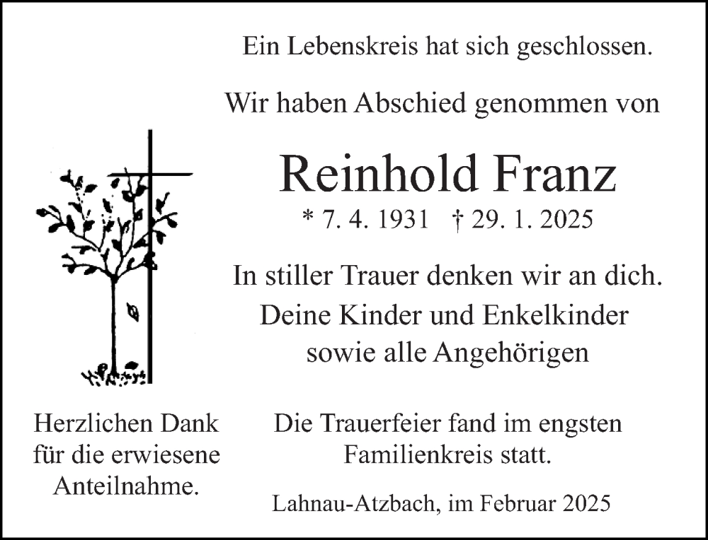  Traueranzeige für Reinhold Franz vom 19.02.2025 aus Wetzlarer Neue Zeitung