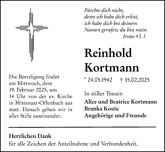 Traueranzeige von Reinhold Kortmann von Dill Block