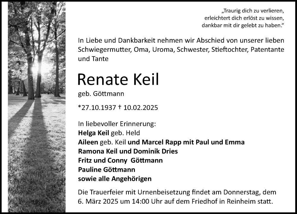  Traueranzeige für Renate Keil vom 22.02.2025 aus Darmstädter Echo
