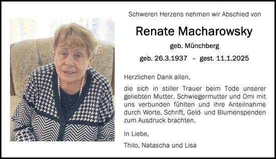 Traueranzeige von Renate Macharowsky von Allgemeine Zeitung Mainz