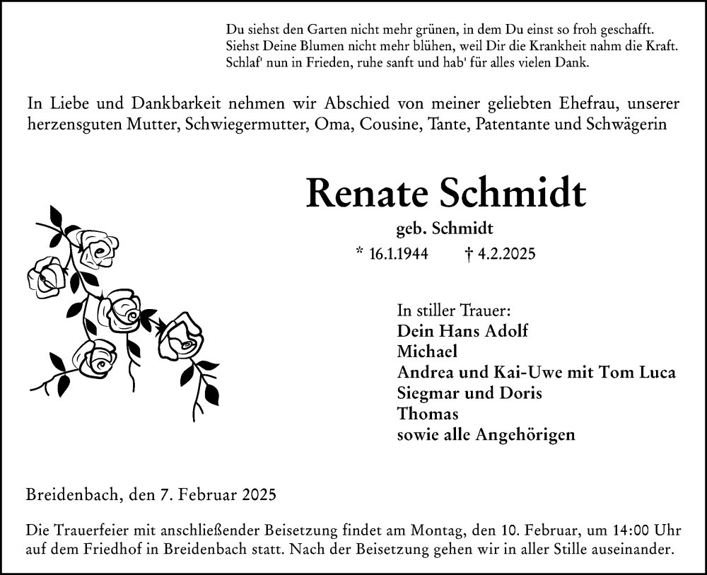 Traueranzeige für Renate Schmidt vom 07.02.2025 aus Hinterländer Anzeiger