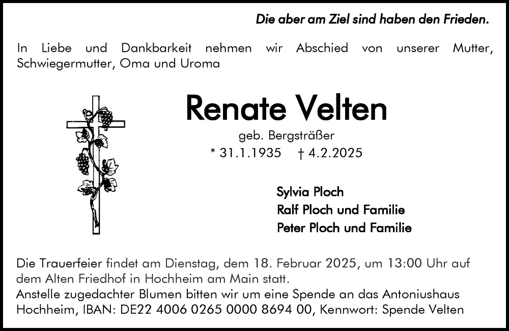  Traueranzeige für Renate Velten vom 14.02.2025 aus Hochheimer Zeitung