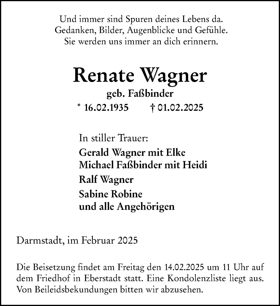  Traueranzeige für Renate Wagner vom 08.02.2025 aus Darmstädter Echo