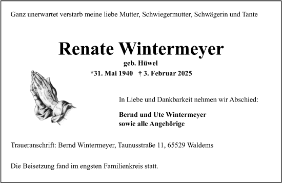 Traueranzeige von Renate Wintermeyer von Wiesbadener Kurier