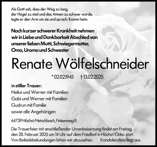 Traueranzeige von Renate Wölfelschneider von Odenwälder Echo