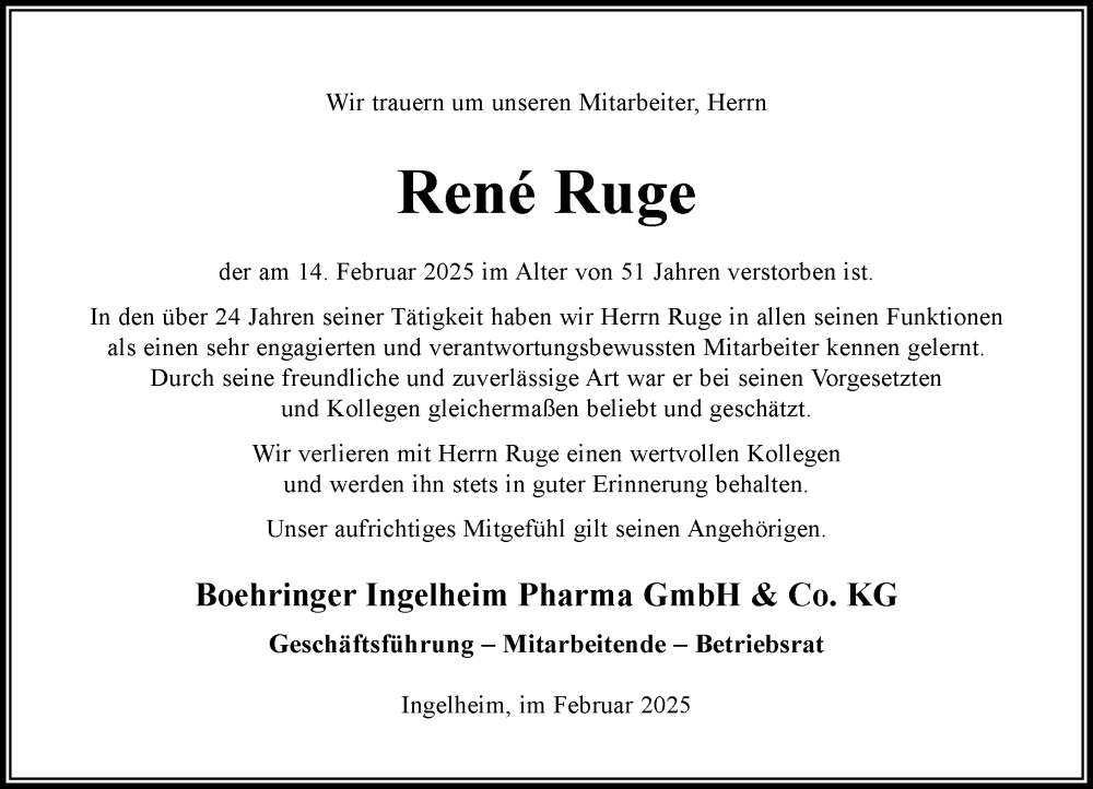  Traueranzeige für Rene Ruge vom 25.02.2025 aus Allgemeine Zeitung Rheinhessen-Nahe