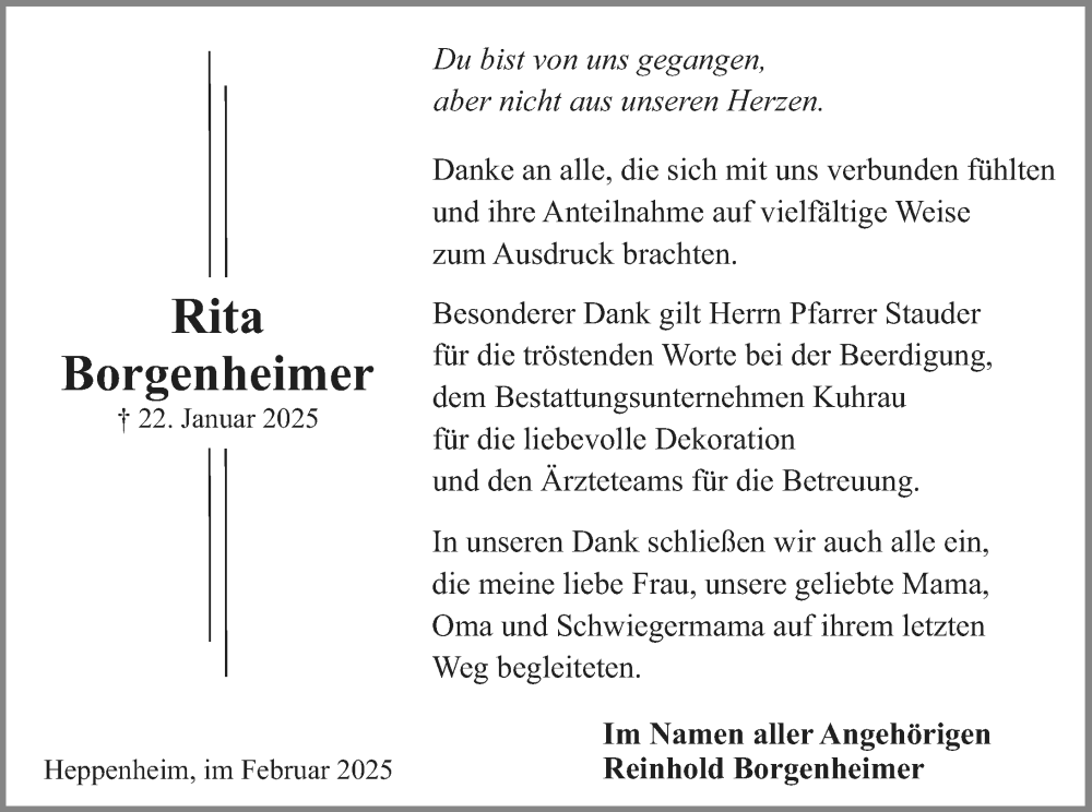  Traueranzeige für Rita Borgenheimer vom 15.02.2025 aus Starkenburger Echo