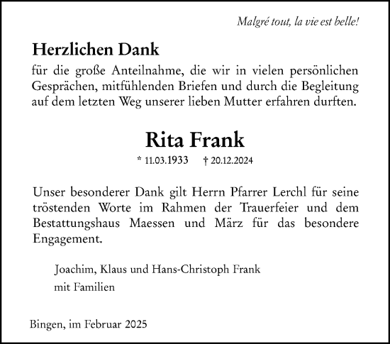 Traueranzeige von Rita Frank von Allgemeine Zeitung Rheinhessen-Nahe
