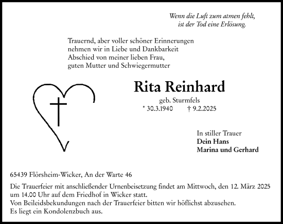 Traueranzeige von Rita Reinhard von Rüsselsheimer Echo