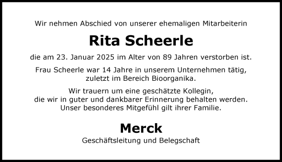 Traueranzeige von Rita Scheerle von Darmstädter Echo