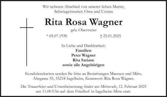 Traueranzeige von Rita Rosa Wagner von Allgemeine Zeitung Rheinhessen-Nahe