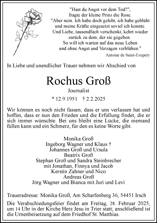 Traueranzeige von Rochus Groß von Wiesbadener Kurier