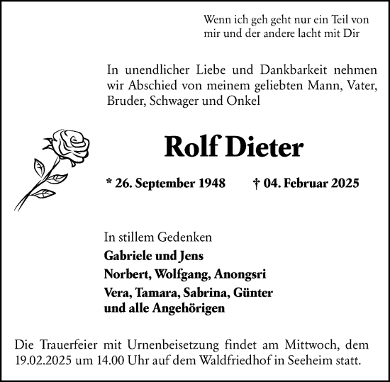 Traueranzeige von Rolf Dieter von Darmstädter Echo
