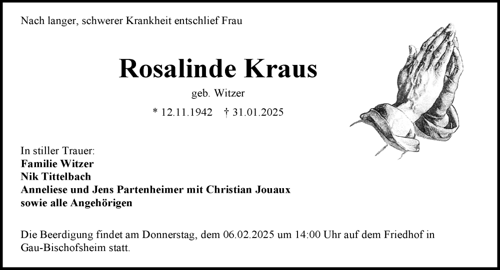  Traueranzeige für Rosalinde Kraus vom 04.02.2025 aus Allgemeine Zeitung Mainz