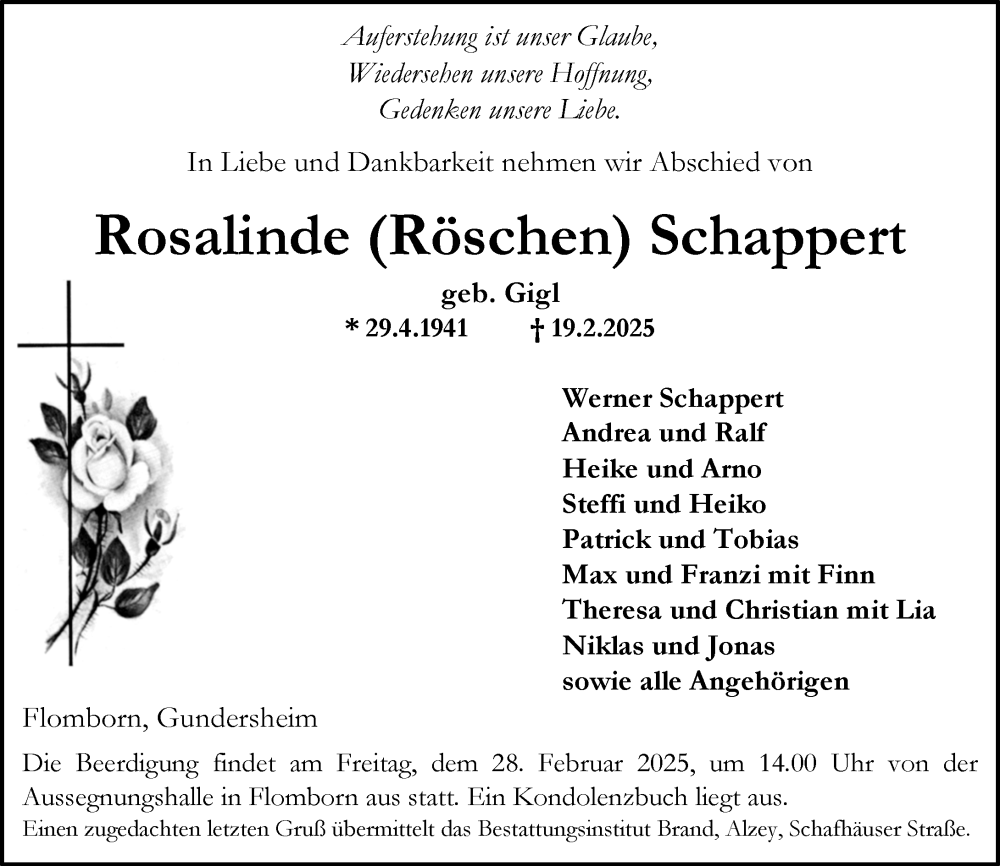  Traueranzeige für Rosalinde Schappert vom 22.02.2025 aus Allgemeine Zeitung Alzey
