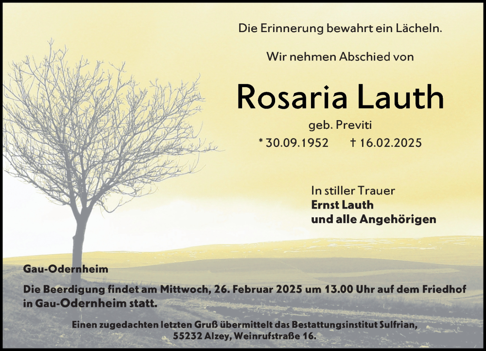  Traueranzeige für Rosaria Lauth vom 22.02.2025 aus Allgemeine Zeitung Alzey