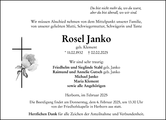 Traueranzeige von Rosel Janko von Dill Block