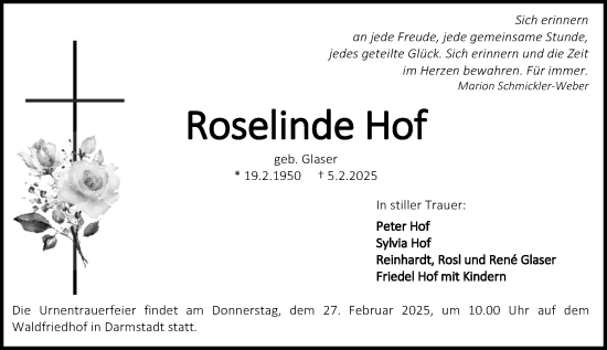 Traueranzeige von Roselinde Hof von Darmstädter Echo