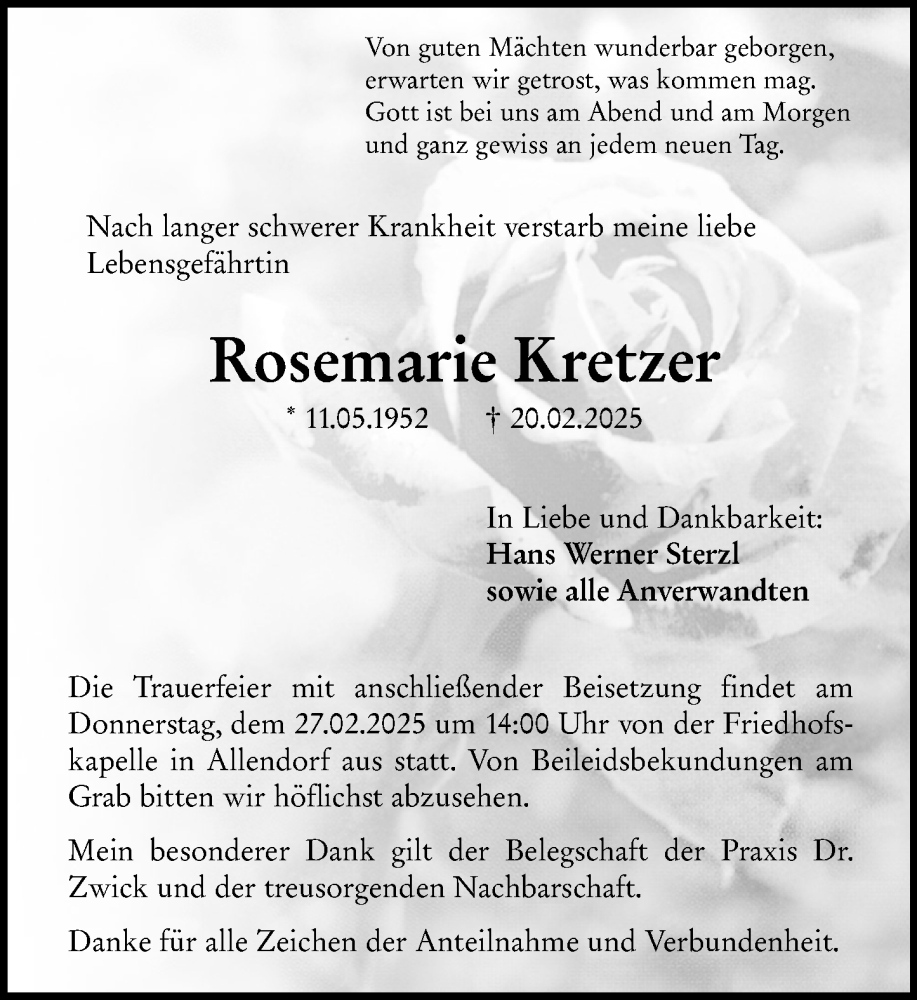  Traueranzeige für Rosemarie Kretzer vom 25.02.2025 aus Dill Block