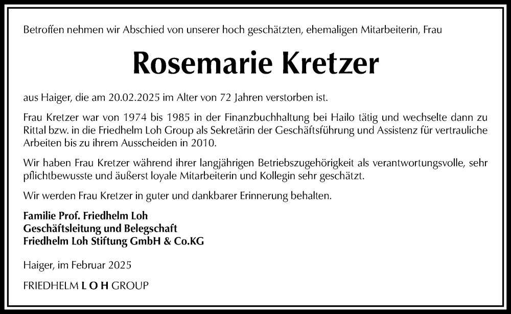  Traueranzeige für Rosemarie Kretzer vom 27.02.2025 aus Dill Block