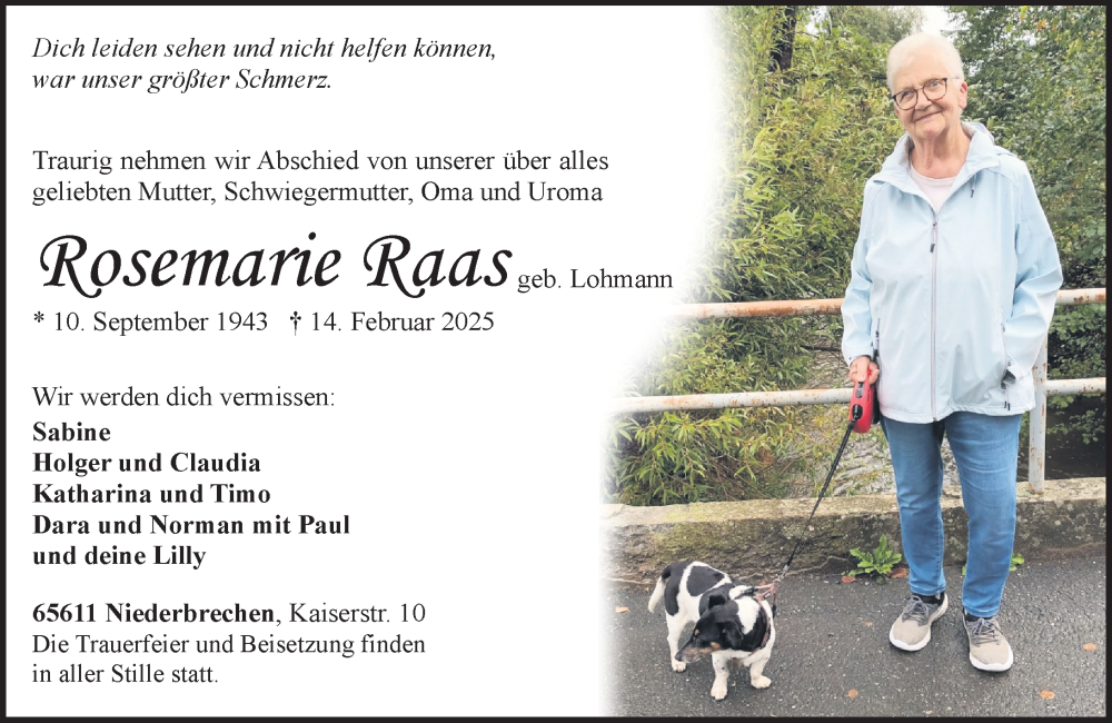  Traueranzeige für Rosemarie Raas vom 20.02.2025 aus Camberger Anzeiger