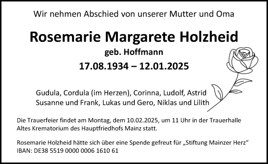 Traueranzeige von Rosemarie Margarete Holzheid von Allgemeine Zeitung Mainz