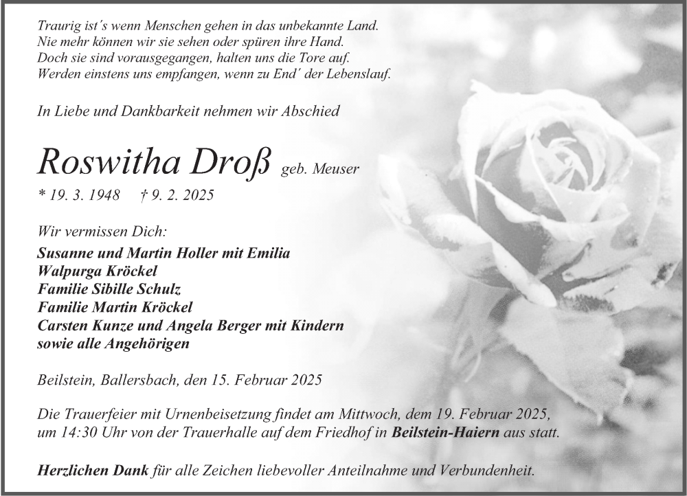  Traueranzeige für Roswitha Droß vom 15.02.2025 aus Dill Block