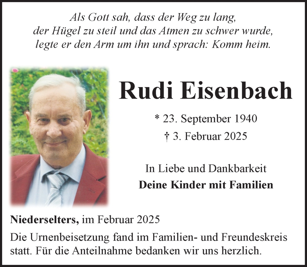  Traueranzeige für Rudi Eisenbach vom 20.02.2025 aus Camberger Anzeiger