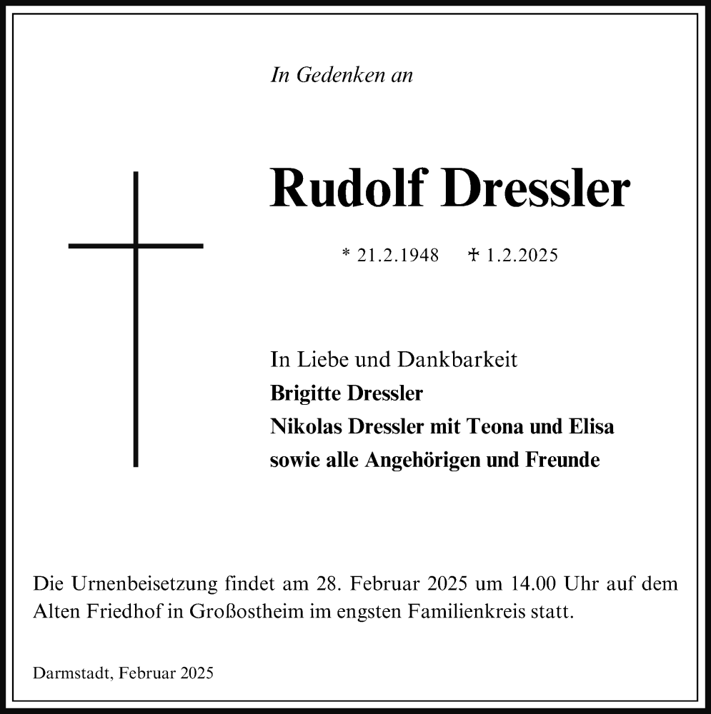  Traueranzeige für Rudolf Dressler vom 22.02.2025 aus Darmstädter Echo
