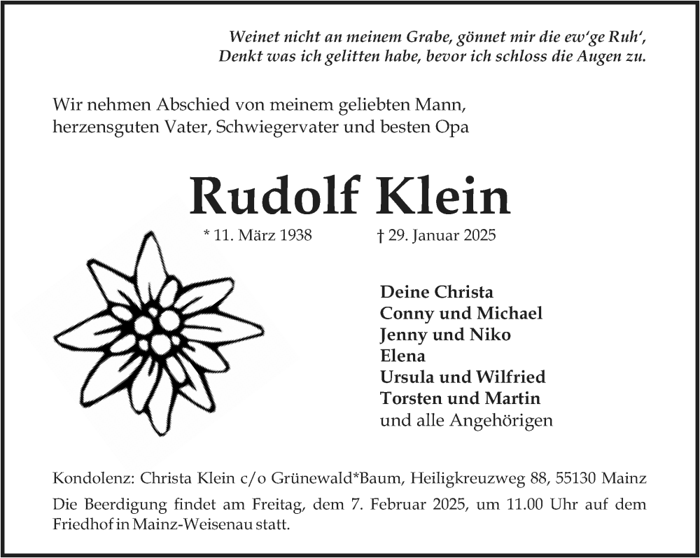  Traueranzeige für Rudolf Klein vom 01.02.2025 aus Allgemeine Zeitung Mainz