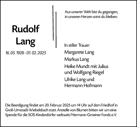 Traueranzeige von Rudolf Lang von Darmstädter Echo