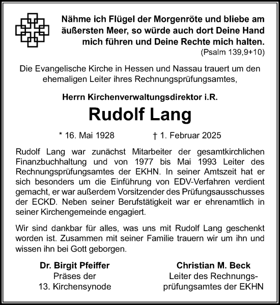 Traueranzeige von Rudolf Lang von Darmstädter Echo