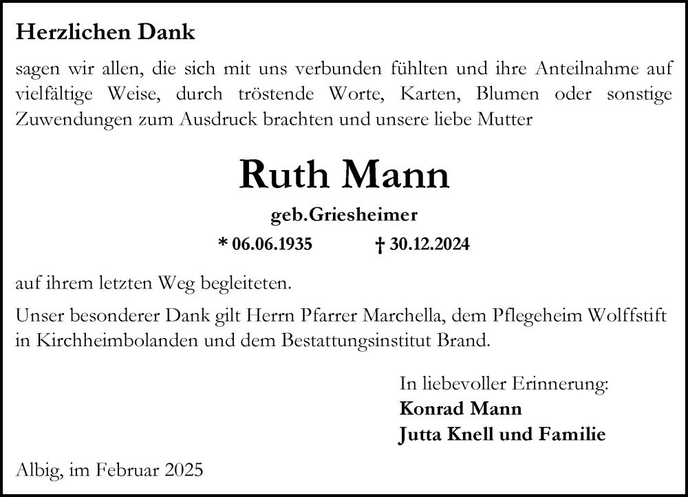  Traueranzeige für Ruth Mann vom 15.02.2025 aus Allgemeine Zeitung Alzey