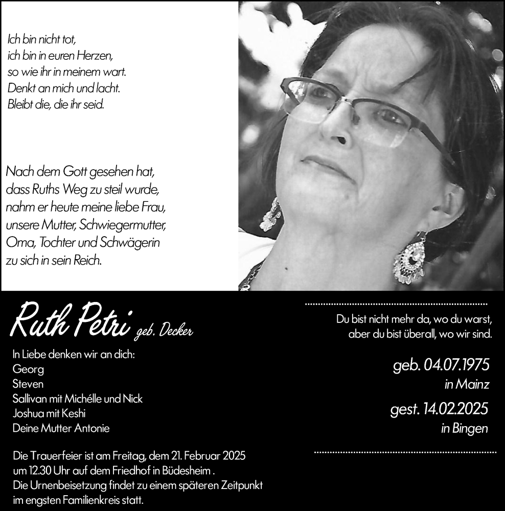  Traueranzeige für Ruth Petri vom 19.02.2025 aus Allgemeine Zeitung Rheinhessen-Nahe