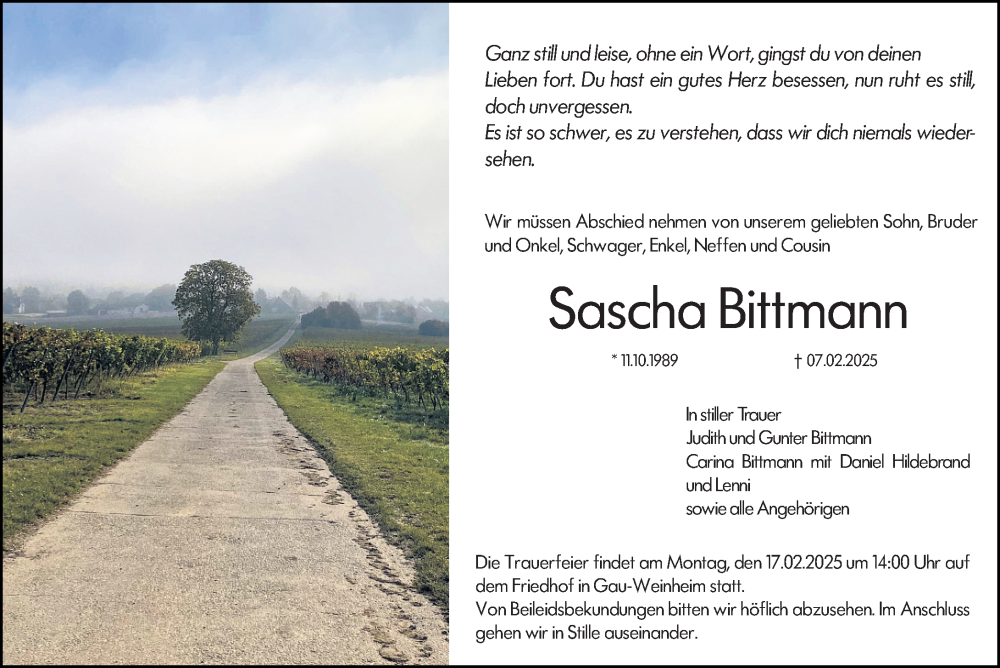  Traueranzeige für Sascha Bittmann vom 15.02.2025 aus Allgemeine Zeitung Alzey
