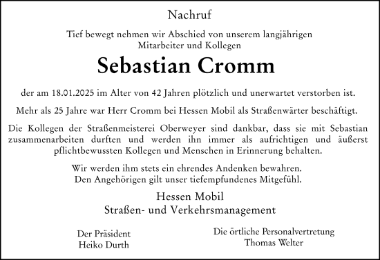 Traueranzeige von Sebastian Cromm von Weilburger Tageblatt