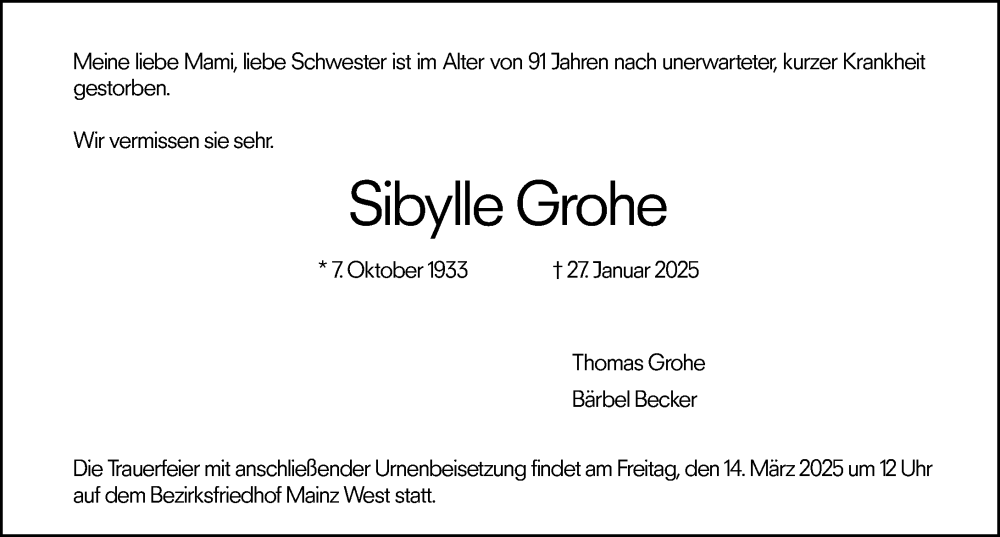  Traueranzeige für Sibylle Grohe vom 08.02.2025 aus Allgemeine Zeitung Mainz