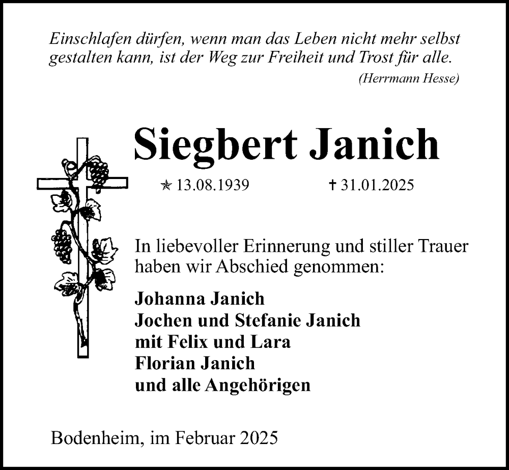  Traueranzeige für Siegbert Janich vom 22.02.2025 aus Allgemeine Zeitung Mainz