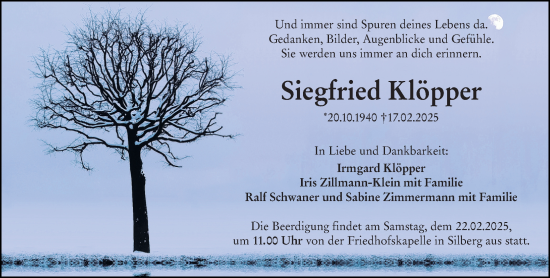 Traueranzeige von Siegfried Klöpper von Hinterländer Anzeiger