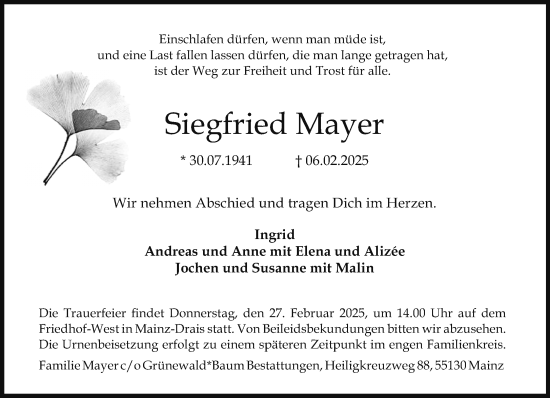 Traueranzeige von Siegfried Mayer von Allgemeine Zeitung Mainz