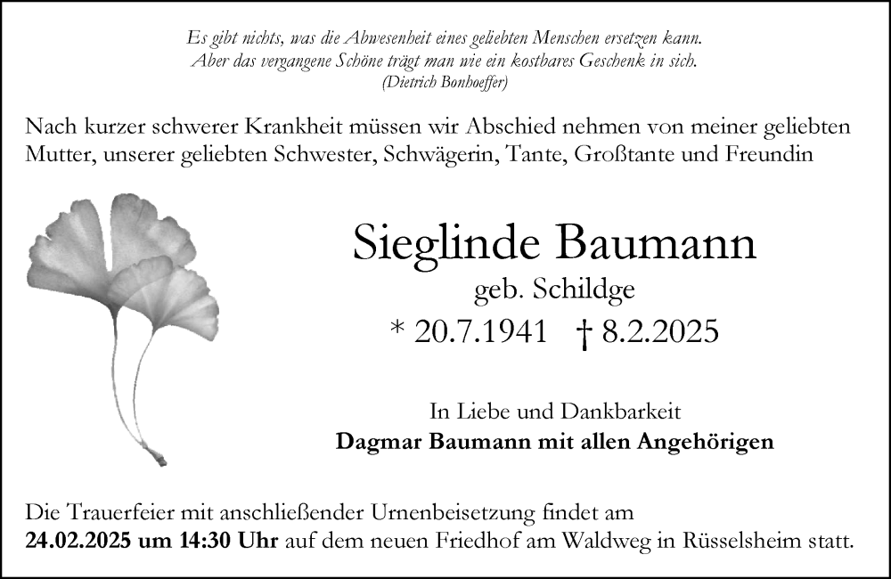  Traueranzeige für Sieglinde Baumann vom 15.02.2025 aus Rüsselsheimer Echo